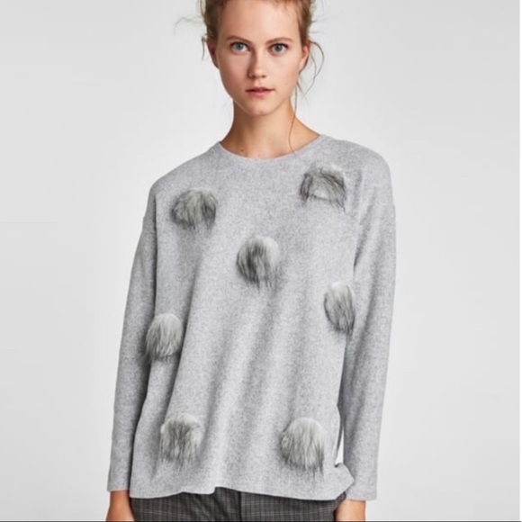 Zara Sweaters - Zara Gray Sweater with Faux Fur Polka Dots
